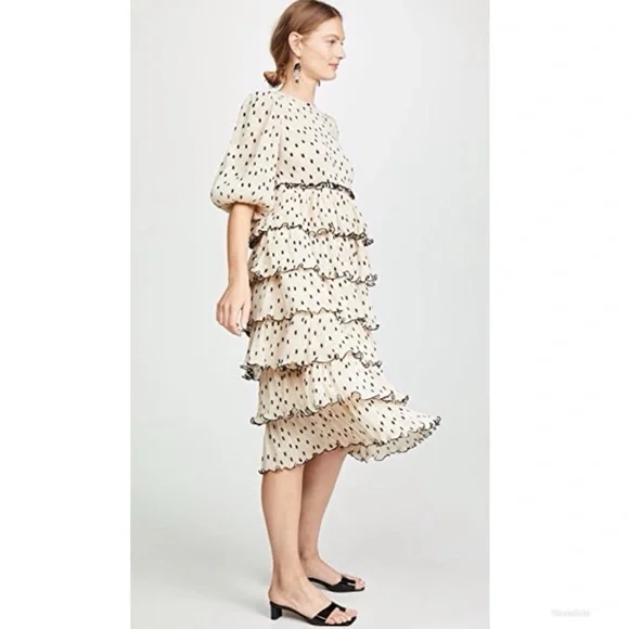 GANNI Lowell Tiered Polka Dot Plisse Beige & Black Midi Dress conservative pleat